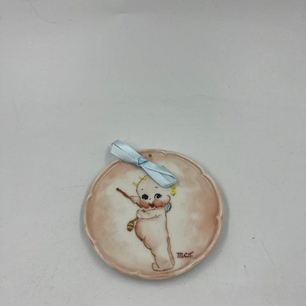 Vintage Kewpie Baby Wall Plaque Hand Painted Ceramic Porcelain Pink Blue 3.5